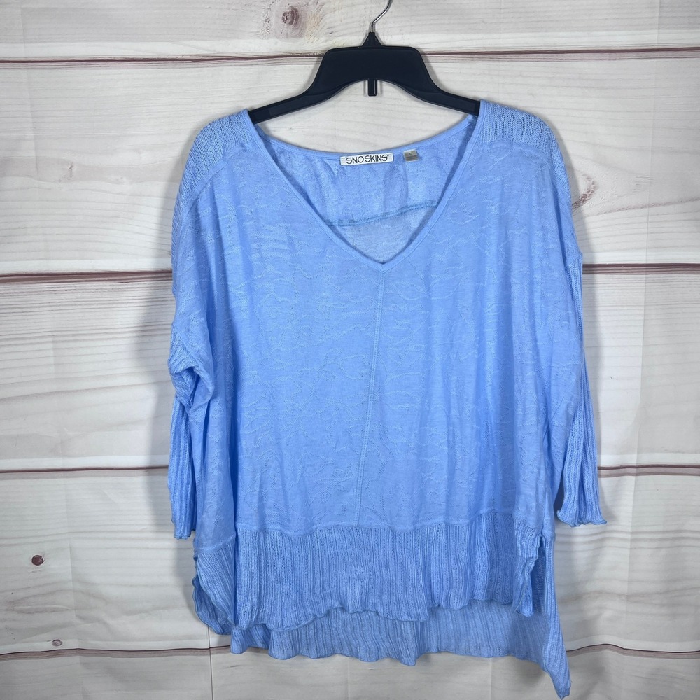 Snoskins Top Women S Blue V-Neck Knit Oversized Hi-Low Hem Lightweight Pullover